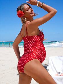 SHEIN 26SS 夏季海灘度假復古波點鋼圈基本款休閒孕婦連身泳衣 - 紅色 - 查看 10
