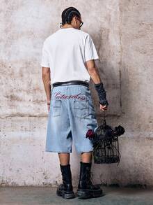 Skyrend 男士直筒刺繡牛仔短褲哥德龐克街頭風適合Emo男孩Grunge風格 - 淺色水洗藍 - 查看 6
