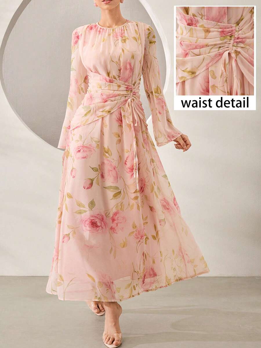 Graceveil 淺粉色冬季花卉印花寬鬆優雅收腰休閒女裝洋裝，適合派對、早晨洗禮賓客、晚間活動與婚禮
