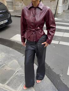 Lumalex Abrigo corto tipo trench elegante y casual para mujer en color rojo burdeos para otoño, con mangas raglán, solapa y cintura ceñida con lazo, ideal para viajes por carretera, citas y vacaciones - Burdeos - Ver 9