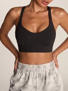 SHEIN BAE Women's Solid Color Wide Strap Minimalist Casual Sports Bra Cross Design Gym High Support - Black - View 6