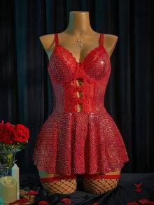 MidnightGlam Plus Size Women's Glamorous Sequin Lace Patchwork Corset Bodycon Spaghetti Strap Dress 3pcs Set - Red - View 7