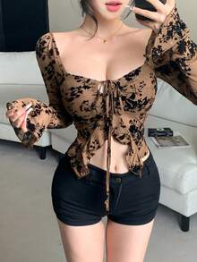 DAZY 女款秋冬春夏棕色植絨植物印花抽繩繫帶度假婚宴網紗長袖T恤圖案上衣 - 棕色 - 查看 5