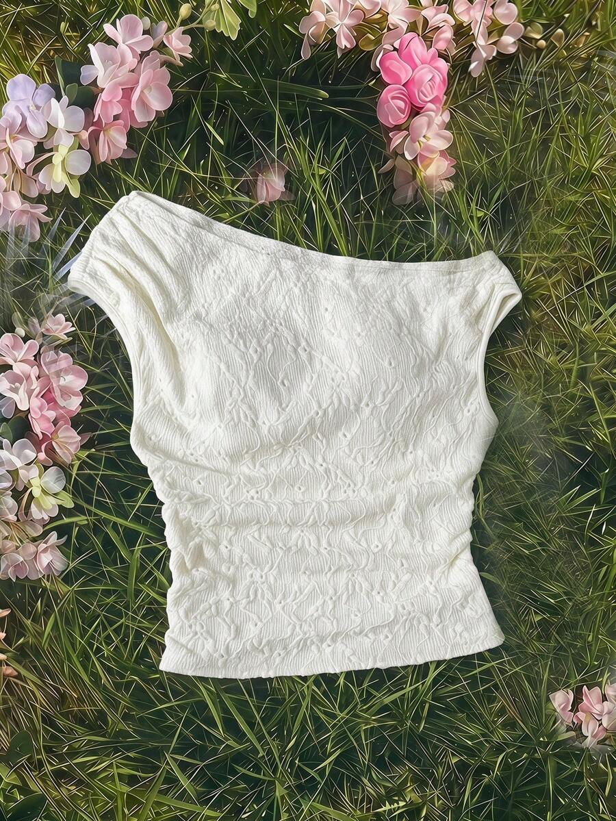 SHEIN 青少年女孩白色針織提花蕾絲休閒簡約修身不對稱抓皺短版上衣,適合春夏季,休閒個性風格,春夏服飾,年輕時尚Y2K風,夏季度假旅行,開學季,假日家庭戶外秋季野餐 - 白色 - 查看 1