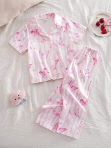 Summer Young Girl Knit Fabric Collared Button-Front Short Sleeve Long Pants Pink Butterfly Striped Fresh Pattern Digital Print Hot-Selling Two Pieces Pajama Set Loungewear - Pink - View 4