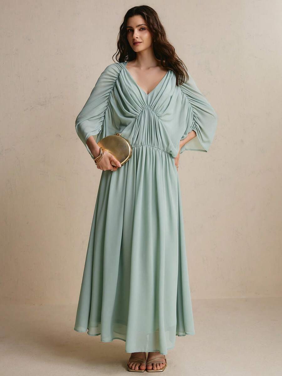 CielaLinda Women's Ruched Batwing Sleeve Chiffon Maxi Boho Elegant Romantic Wedding Sage Green Dress Cocktail Night Autumn - Green - View 1
