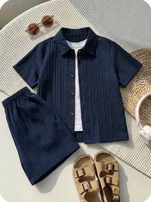 Kids Young Boy Young Boy 2pcs/Set Spring/Summer Casual Versatile Vacation Style Striped Short Sleeve Shirt & Knit Shorts Set, Young Boy Outfit Set - Multicolor - View 4