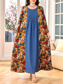 Lacomfia Vestido casual con estampado, patchwork y unicolor, manga 3/4, corte holgado regular, talla grande para primavera/verano - Multicolor - Ver 4