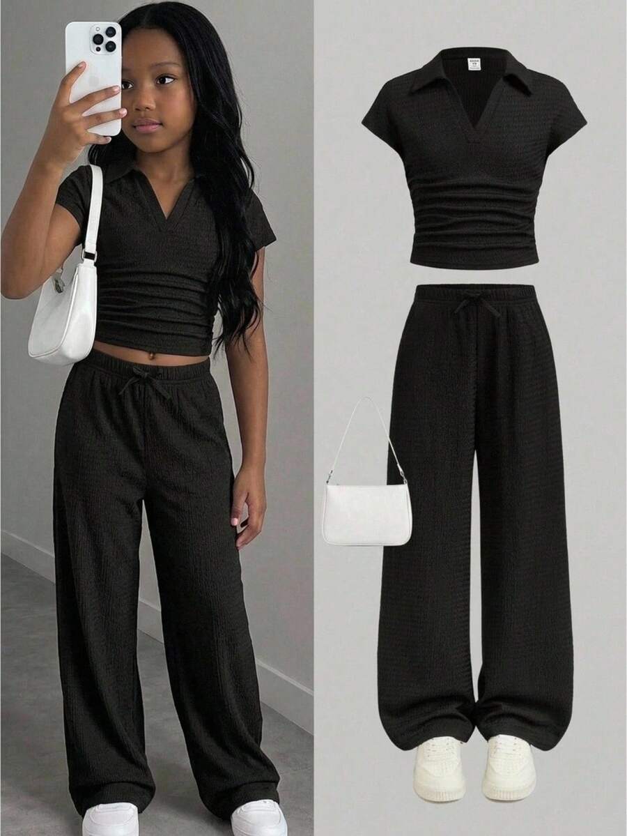 SHEIN Tween Girl New Autumn Back To School Season 2pcs Set Solid Black Textured Knit Side Ruched Lapel Fitted Short Sleeve T-Shirt Wide Leg Long Pants 2 Pieces Outfit