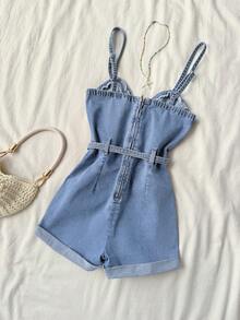 Elamini Women's Waist Corn Buckle Design Suspender Denim Romper - Light Wash - View 2