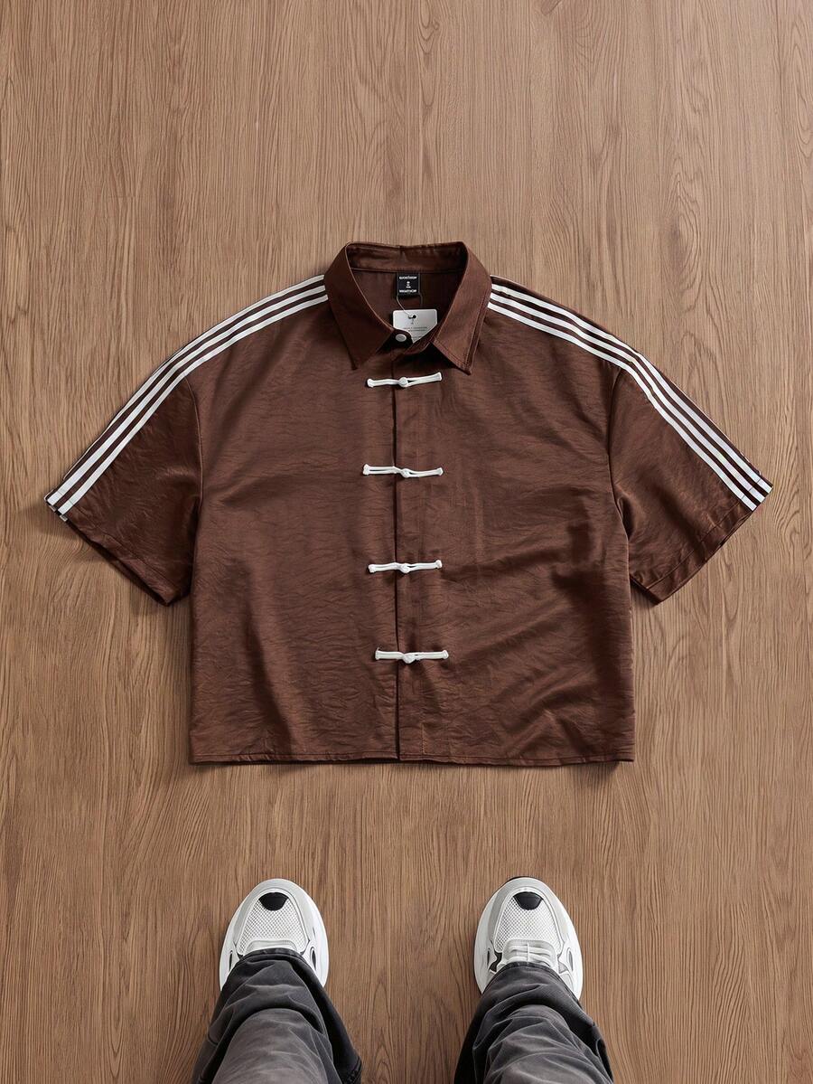 SWAVVY Men's Lapel Collar Contrast Color Patchwork Fashion Short Sleeve Shirt - Brown - View 1