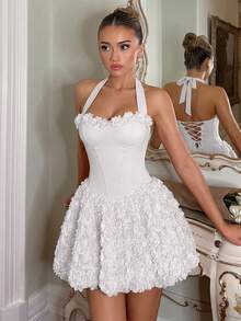 SHEIN White 3D Rose Halter Neck Corset Mini Dress,Lace-Up Backless Party Dress - White - View 6