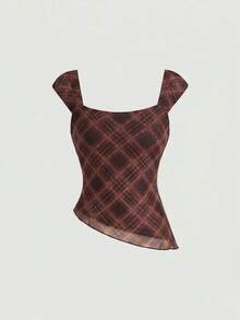 SHEIN MOD Women's Plaid Tank Top With Bow Ribbon Decor And Asymmetric Diagonal Hem Date Daytime Everyday Brown Plaid Summer 1960s Vintage Elegant Romantic - Mocha Brown - View 2