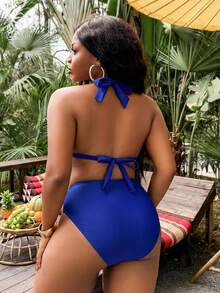 Slaydiva Conjunto de traje de baño tankini de mujer talla grande para verano y playa, color liso, con cuello drapeado - azul real - Ver 2