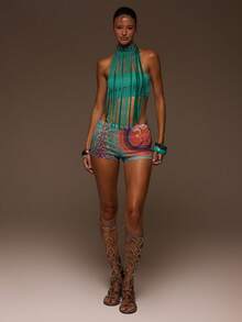 MUSERA Teal Suede Fringe High Neck Studded Bandeau Top - Blue - View 5