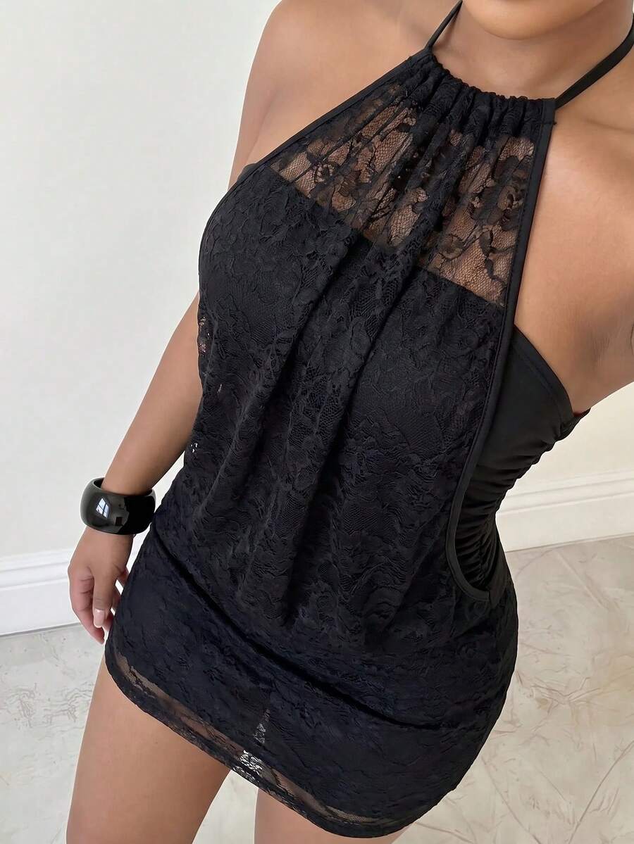 Sirith Gaun Bodycon Bandeau Tanpa Tali dengan Patchwork Renda Elegan dan Elastisitas Tinggi untuk Wanita, Cocok untuk Kencan, Pesta, Perjalanan Sehari-hari, dan Liburan - Hitam - View 1