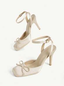 CUCCOO CHICEST Women Shoes Fashion Women's High Heels Shoes Bow Design Square Toe Wrinkled Sexy Party Banquet Wear High Heels - Apricot - View 3