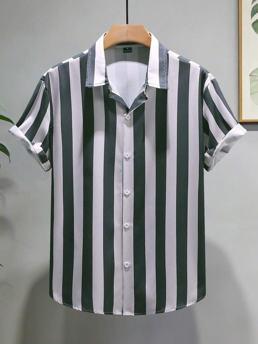 Manfinity Homme Men's Striped Colorblock Casual Versatile Daily Short Sleeve Shirt - Grey - View 1