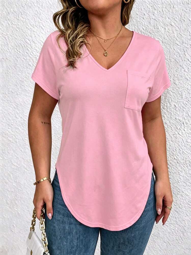 EMERY ROSE Regular Women's Solid Color V-Neck Short-Sleeved Casual T-Shirt - Pink - View 3