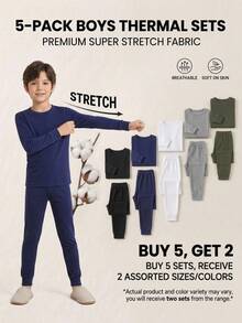 SHEIN 青少年男孩簡約舒適圓領標準肩長袖T恤與長褲套裝，親膚柔軟高彈修身睡衣家居服，4件組 - 彩色 - 查看 3