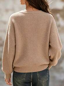 SHEIN Women's Solid Color V-Neck Drop Shoulder Long Sleeve Casual Sweater - Khaki - View 3
