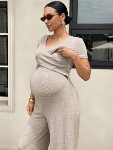 MaterniWear 孕婦純色哺乳功能休閒日常穿著連身褲 - 卡其色 - 查看 9