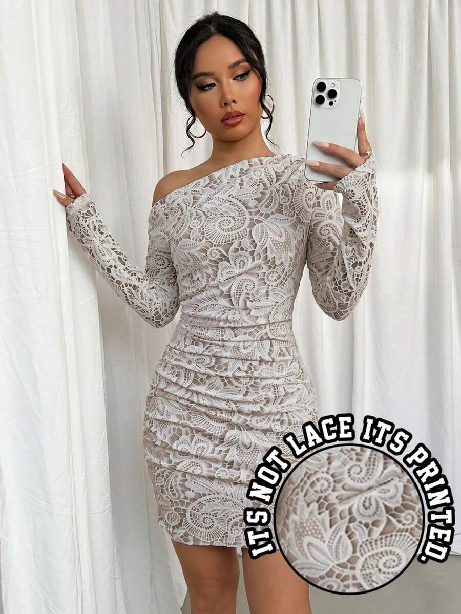 Selianne 1件女款修身紮染印花抓皺斜肩長袖洋裝，新年服飾 - 杏色 - 查看 1