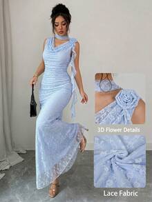 Modelyn Green Sleeveless Cowl Neck Ribbon 3D Floral Mesh Print Fitted Dress For Women - Blue - View 8