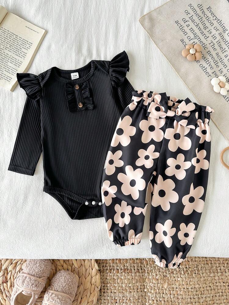 SHEIN Playful Pals 2pcs Baby Girl Spring/Autumn Vintage Cute Floral Outfit, Black Ribbed Bodysuit With Flutter Sleeves And Leopard Print, Family Matching Travel Outfit - Black - View 9