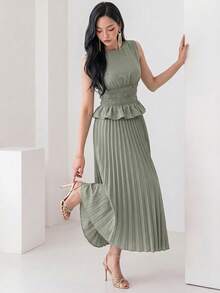 Heiryn Women's Solid Color Pleated Ruffle Hem Shirt And Skirt Elegant Frenchy French Two Pieces Set Vacation Sage Green Summer Daytime Drinks Holiday Party - Army Green - View 3