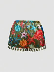 Chillnights Ensemble de pyjama satiné pour femmes avec col à revers, boutons devant, imprimé contrasté à rayures avec étoiles de mer, coquillages, corail et diamants de l'océan, jeune, vibrant et amusant - Multicolore - Voir 6