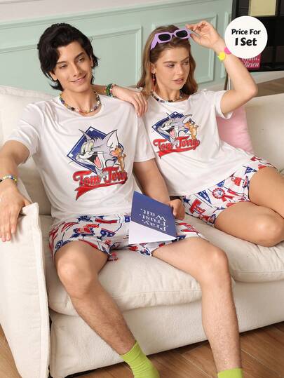 Chillnights TOM & JERRY X SHEIN Couples Cartoon Animation Print Young Fashion Fun Vibrant Men's Loungewear Set