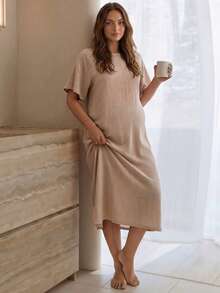 Slowluna Maternity Round Neck Solid Color Casual Daily Wear Dress Loungewear Pajama Nightgown Robe Nursery Spring - Apricot - View 3