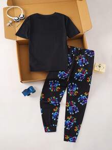 SHEIN Teen Boys Digital 67 Number Print Snug Fit Loungewear Set, Short Sleeve Top And Long Pants Set With Glow-In-The-Dark Cartoon Number Print, Comfortable Design, Suitable For Spring, Autumn And - Multicolor - View 2