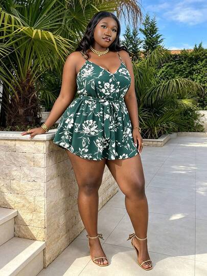 CurvyTilda 大码花卉印花吊带背心腰带连体衣