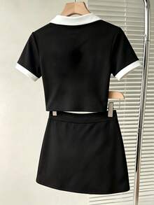 Franclia Women's Summer Casual Colorblock Patchwork Top Skirt Set School Black - Black and White - View 3