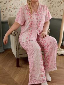 CottageSlumber Romantic Pastoral Floral & Plaid Print Plus Size Pajama Set - Multicolor - View 4