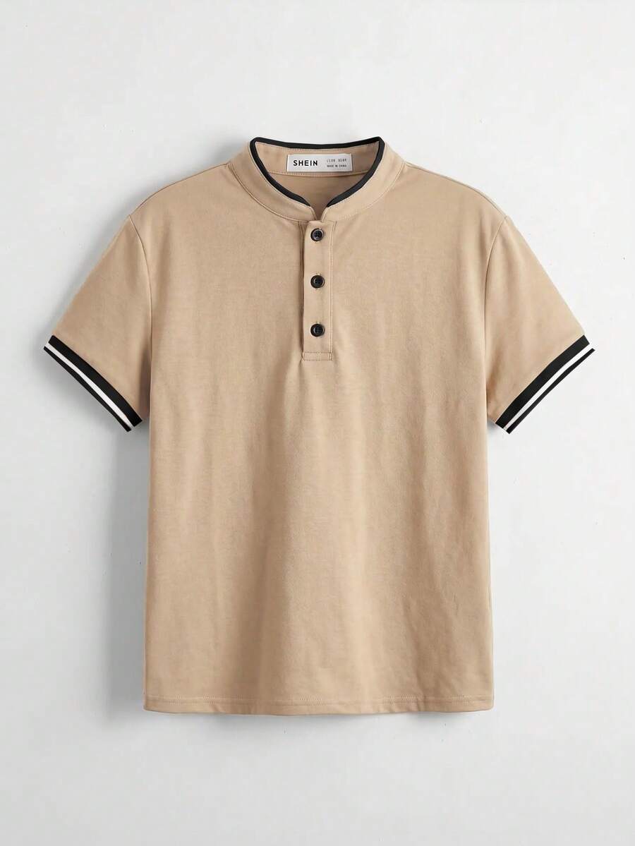 大童男孩夏季休閒拼接飾邊短袖 Polo 衫 - 卡其色 - 查看 1