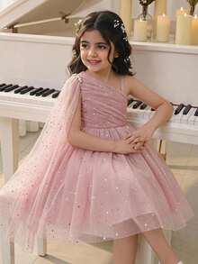 Glamorique Kids Young Girl 灰粉色單肩披肩星月亮亮片網紗仿珍珠薄紗澎澎公主正式禮服，櫻桃粉，夏季，花童，派對 - 藕粉色 - 查看 2