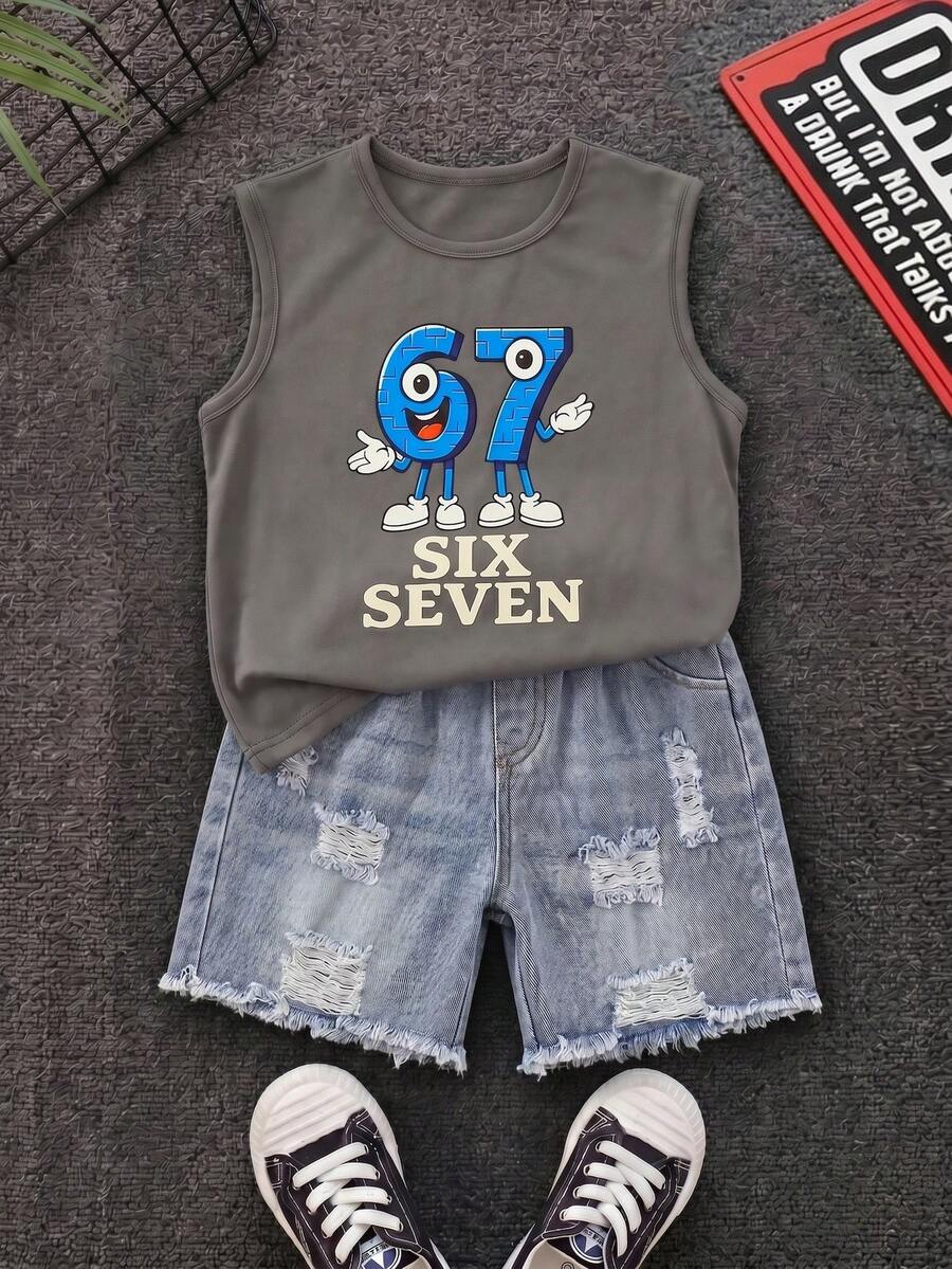 SHEIN 兒童/青少年男孩女孩中性款 2件組 春夏休閒時尚 67 MEME圖案背心與破洞牛仔短褲套裝,青少年男孩夏季服飾套裝,Squishy - 灰色 - 查看 1
