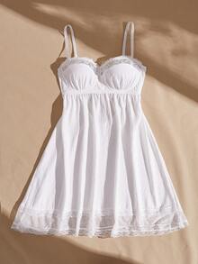 Lullawish White Comfy Balconette Lace Patchwork Double Layer Design A-Line Hem Casual Comfortable Bohemian Women's Nightgown - White - View 8