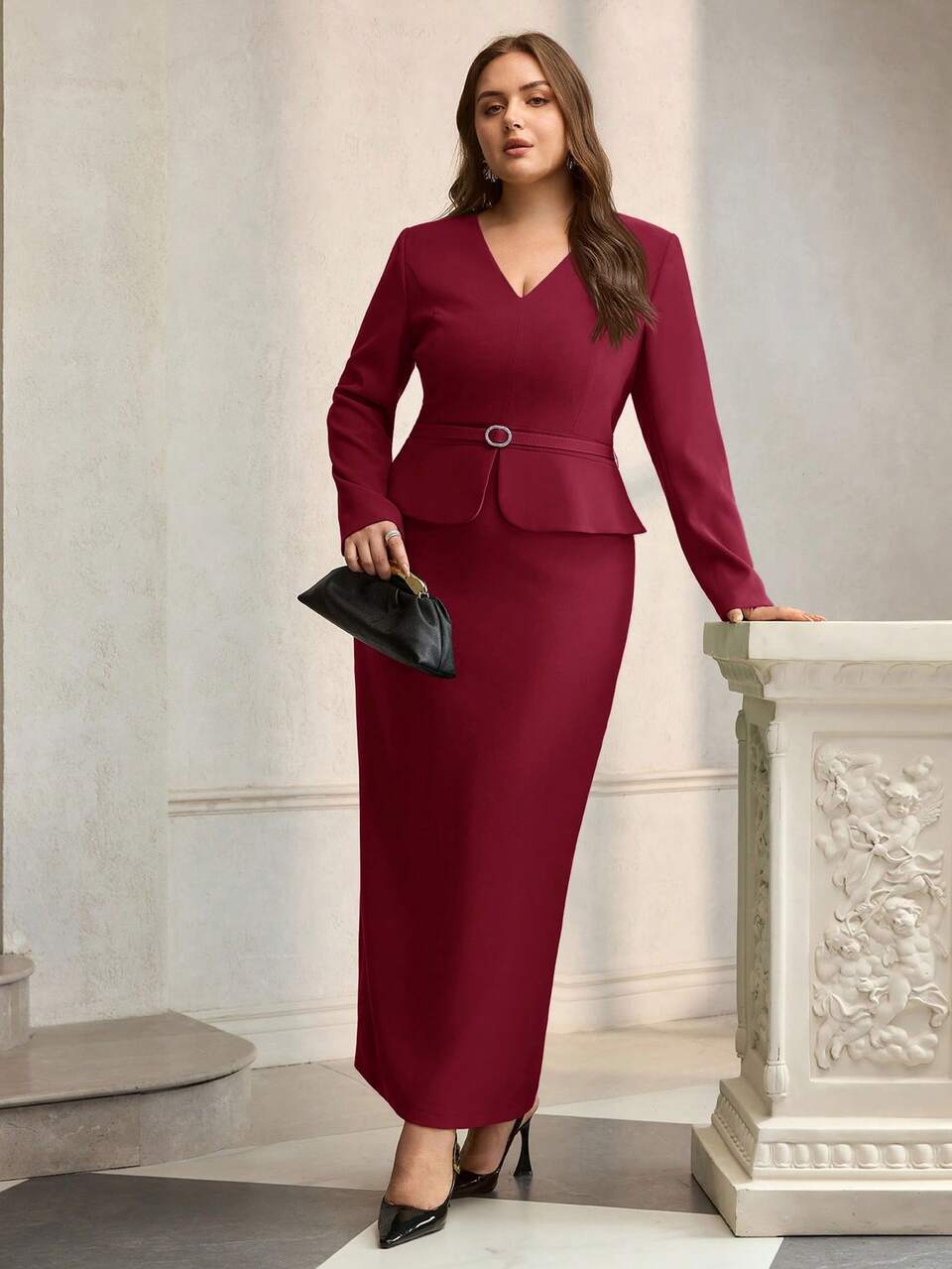 ZEYLAH V-Neck Minimalist Elegant Belted Long Dress Fall