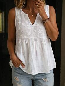 Yunfilé Summer Casual Boho Floral Textured Open Collar Camisole V-Neck Blouse Vacation White Floral - White - View 5