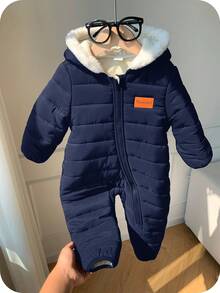 SHEIN Newborn BBaby Boys Cute Autumn/Winter Thermal Lined Thick Fur Collar Hooded Jumpsuit Ski Suit Unisex Baby Clothes Baby Winter Clothes - Navy Blue - View 4