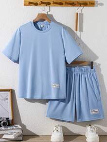 SHEIN 2件組青少年男孩休閒寬鬆舒適Logo裝飾短袖上衣與短褲套裝，春夏款 - 藍色 - 查看 7