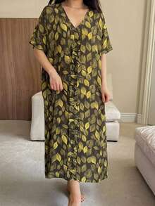 DAZY 葉片圖案滿版印花寬鬆長洋裝短袖女款睡袍夏季居家套裝睡衣 - 綠色 - 查看 5