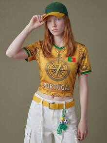 Elnivra 2026 Football World Cup Portugal Soccer Jersey Women's Cropped Green And Yellow Print T-Shirt Summer Streetwear Casual Retro Everyday Going Out - Yellow - View 6