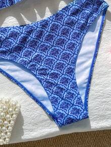 Swim Mod 花卉荷葉邊可愛甜美復古休閒度假海邊海灘女款泳衣套裝 - 藍色 - 查看 4