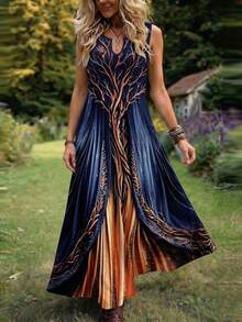Linhara CURVE Plus Size Women's Vintage Tree Of Life Print Notched Neck Sleeveless Maxi Dress, Loose Casual Bohemian Long Dress, Mysterious Navy Blue To Burnt Orange Gradient Dress, Elegant Gothic Style Flowy Long Dress For Autumn And Halloween - Multicolor - View 3