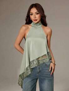 SHEIN PETITE 不對稱高領露背蕾絲飾邊細肩帶上衣，優雅無袖上衣，適合晚宴、雞尾酒會、正式場合、度假、夜生活、婚禮賓客，夏秋穿著，露肩風格 - 軍綠色 - 查看 3